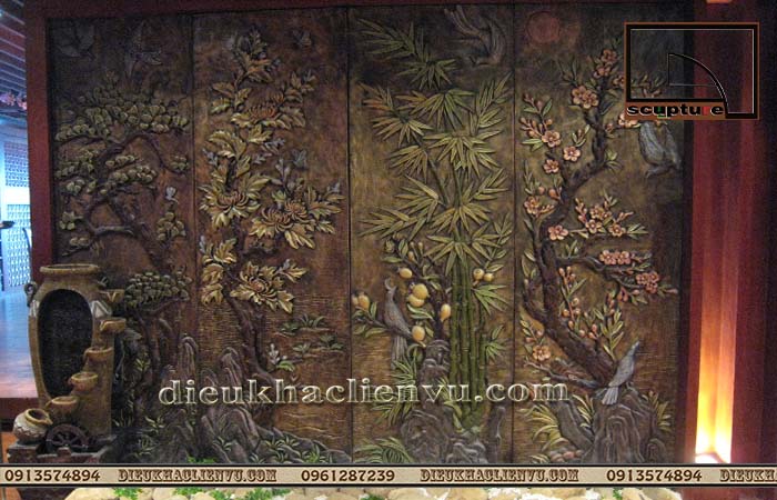 Phù điêu hoa lá phong thủy Phù điêu tùng cúc trúc mai